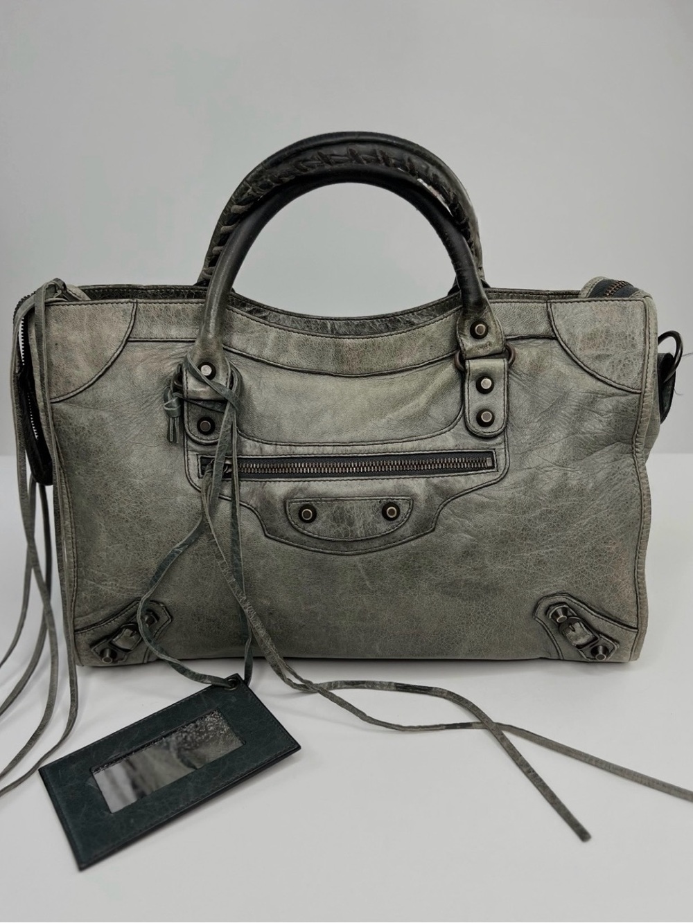 Auth Balenciaga City Bag grey green Lambskin  Leather shoulder Bag mirror strap - Picture 8 of 11